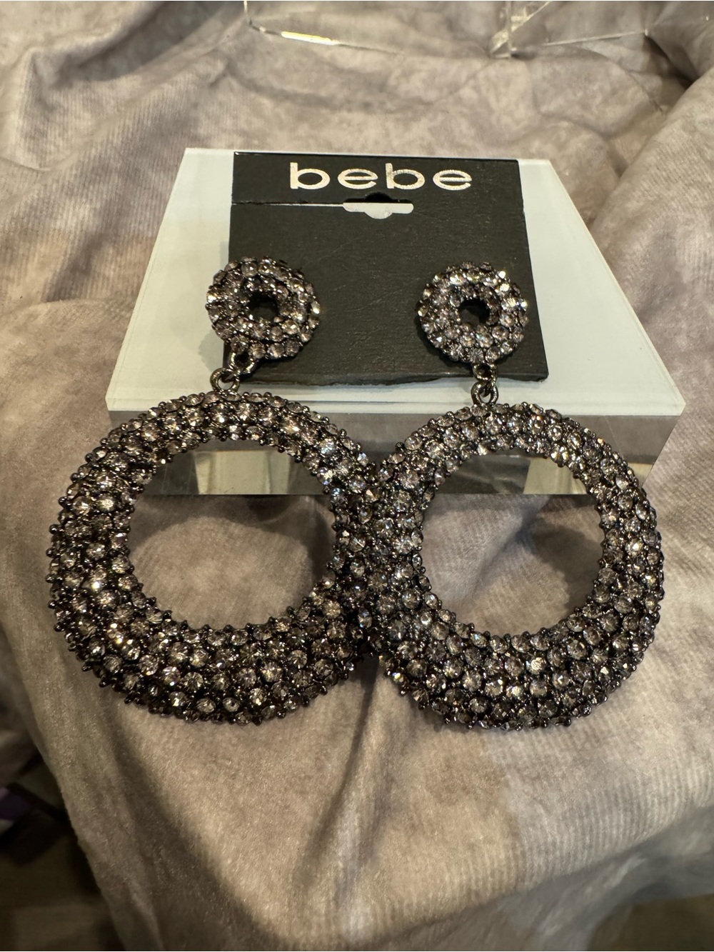 bebe Gunmetal Crystal Double Hoop Drop Earrings NEW